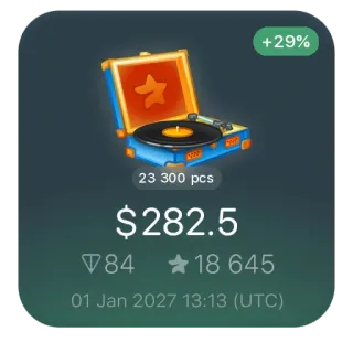 🪩 e7bc82ae +29%
23 300 pcs
$282.5
84
18 645
01 Jan 2027 13:13 (UTC) platine vinyle, prix, statistiques, croissance, chiffres, date telegram sticker