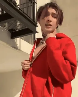 🔥 393cc0a7 Mann, roter Hoodie, Tätowierung, Mode, Stil telegram sticker