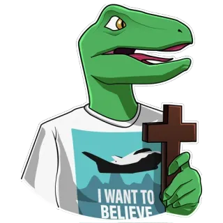 😱 728ec406 I WANT TO BELIEVE динозавр, вера, крест, рептилоид, НЛО, инопланетянин, смешной, мем whatsapp sticker