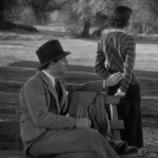 ➖ 4d9d3cd2 đàn ông, phụ nữ, ghế dài, ngoài trời, mũ, cổ điển, thang độ xám telegram sticker