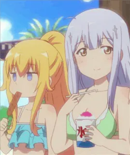 😐 b1a239ff アニメ, ビーチ, ビキニ, 夏, 女の子, 食べ物 telegram sticker