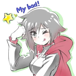 😅 011c50d7 Ruby Rose RWBY My bad! anime meisje, Ruby Rose, RWBY, excuus, schattig, cartoon, fanart telegram sticker