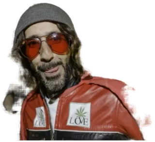 😋 1cf52793 LOVE hombre, chaqueta roja, gafas de sol, cannabis, amor, sombrero telegram sticker