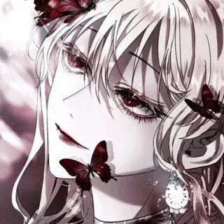 ⛩ a783fdcb Anime, Kupu-kupu, Wanita, Mata merah, Rambut pirang, Potret telegram sticker