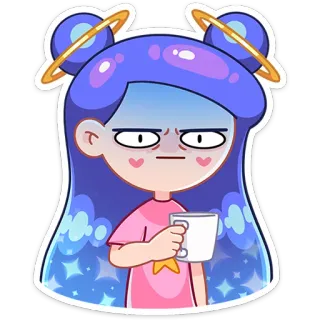 😔 fc9af3a4 fille, dessin animé, mignon, personnage, agacé, café, cheveux bleus telegram sticker