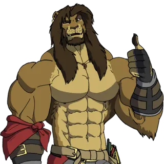 👍 0101040f Löwe, Anthro, Maskulin, Bauchmuskeln, Daumen hoch, Muskeln, Cartoon telegram sticker