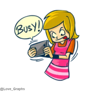 😬 977e3949 BUSY! sibuk, kartun, gadis, tablet, teks whatsapp sticker