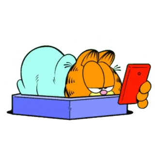 😕 1fab0e57 Garfield cat, cartoon, orange, sleepy, bed, phone telegram sticker