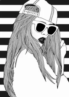 🕶 3c43fa0e 女孩, 时尚, 太阳镜, 帽子, 黑白, 插画 telegram sticker