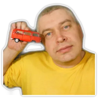 🚌 c4b31736 homme, van rouge, chemise jaune, voiture jouet, personne, mini van telegram sticker