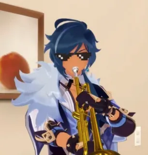 🌟 1104eb16 Kaeya Genshin Impact Видеоигра, Персонаж, Кэйа Альберих, Солнцезащитные очки, Труба, Музыка telegram sticker