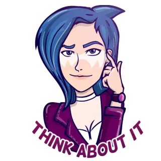 👈 0c32923e THINK ABOUT IT 思考, 关于, 想法, 思考, 决定, 紫色, 蓝头发, 问题 telegram sticker