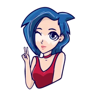 ✌ 596bb62d 卡通, 女孩, 和平标志, 眨眼, 蓝头发, 女人 telegram sticker