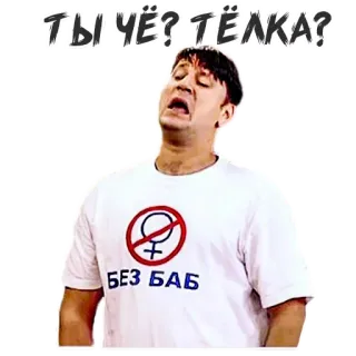 😨 a7ec62fb ТЫ ЧЁ?.ТЁЛКА?
БЕЗ БАБ stiker, rusia, pria, kaos, menyinggung, seksisme telegram sticker