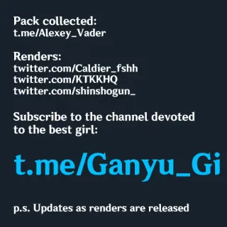 🇺🇸 b435bf6e Pack collected:
t.me/Alexey_Vader
Renders:
twitter.com/Caldier_fshh
twitter.com/KTKKHQ
twitter.com/shinshogun_
Subscribe to the channel devoted
to the best girl:
t.me/Ganyu_Gi
p.s. Updates as renders are released telegram sticker