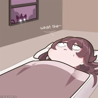 💠 5ce8b827 what the- แมว, คน, หน้าต่าง, เตียง, การ์ตูน, กลางคืน, ดวงตา telegram sticker