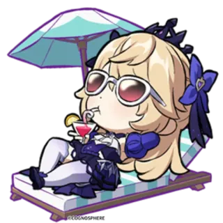 ⭐️ 3c769f97 Fischl Genshin Impact Anime, Cartoon, Personage, Meisje, Fanart, Ontspanning, Strand, Drankje telegram sticker