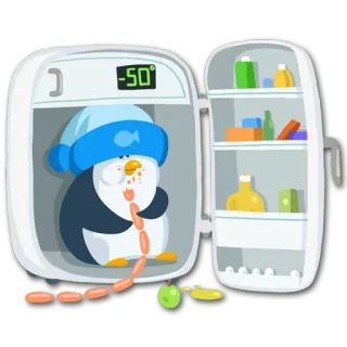 😋 da9e0a1c -50° เพนกวิน, ตู้เย็น, เย็น, ไส้กรอก, ฤดูหนาว, อาหาร telegram sticker