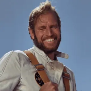 😂 49993036 Mann, lächelnd, Bart, weißer Overall, Fliegeranzug, Vintage, blauer Himmel telegram sticker