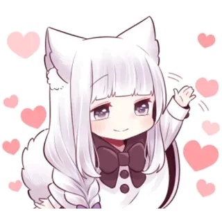 👋 a26bc90f Anime Mädchen, Kawaii, Süß, Chibi, Herz, Weißes Haar, Katzenohren telegram sticker