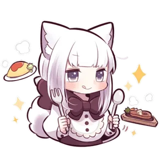 😋 4da14b9e anime girl, cat ears, food, cute, chibi, eating, kitchen telegram sticker