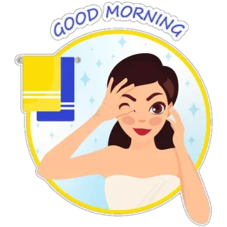 😜 45ce90f3 GOOD MORNING 早上好, 女人, 毛巾, 浴室, 问候, 早晨, 醒来 telegram sticker