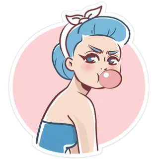 😐 8f26c486 女人, 卡通, 泡泡糖, 粉色, 蓝头发, 贴纸 telegram sticker