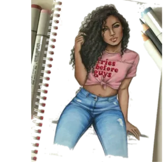 🌚 1a59313d fries before guys женщина, кудрявые волосы, джинсы, картошка фри, еда, цитата whatsapp sticker