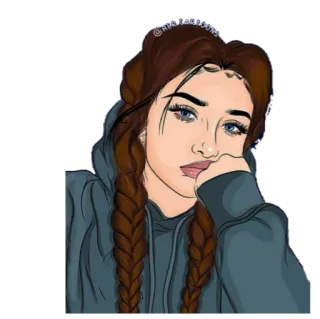 🤔 9e5b86f3 @HER_CARTOONS мультфильм, женщина, девушка, косы, портрет, иллюстрация whatsapp sticker