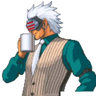 😁 3c46385f Godot Ace Attorney video game, character, beverage, drinking, coffee telegram sticker