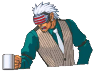 😡 88600a60 Godot Ace Attorney anime, video game, coffee, white hair, visor, formal wear telegram sticker
