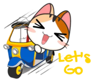 🛵 7a2cb208 Let's Go cat, tuk-tuk, travel, cartoon, animal, transportation, vehicle, cute, happy whatsapp sticker