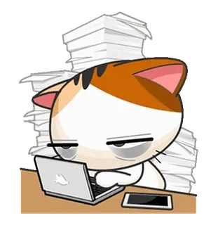 😊 d4fe6679 gatto, laptop, lavoro, stanco, ufficio, pila di fogli telegram sticker