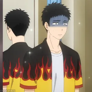 🎎 02930393 Anime, Flammenshirt, Verlegen, Männlich, Spiegelung telegram sticker