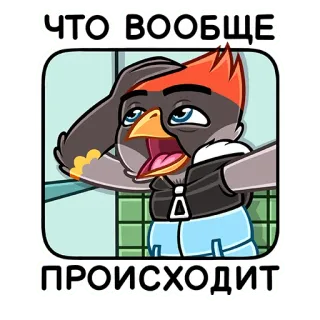 ❓ 4e95a331 ЧТО ВООБЩЕ 
ПРОИСХОДИТ pássaro, desenho animado, exasperado, russo, chocado, pergunta telegram sticker