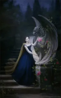 😚 9aa2c540 wanita, gargoyle, mawar, patung, malam, taman, gaun, lukisan, seni telegram sticker