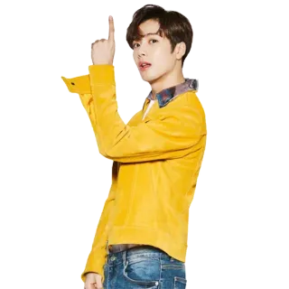 ☝️ 64c0ba99 orang, pria, k-pop, menunjuk, jaket kuning, jeans, pemuda, potret telegram sticker