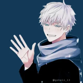 💠 80a3d8d5 @goteii_13 Аниме, Мужской, Белые волосы, Шарф, Улыбка, Машет whatsapp sticker