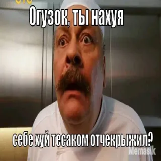 😐 b94aa648 Огузок, ты нахуя себе хуй тесаком отчекрыжил? mème, offensant, chef, russe telegram sticker
