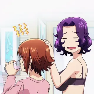 ⚓️ b3e4885b Anime, Personnages, Boire, Tapoter tête, Affection, Cheveux violets, Cheveux bruns telegram sticker