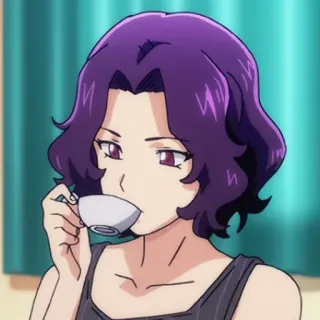 ⚓️ dd6959b2 animé, femme, thé, cheveux violets, dessin animé, boire telegram sticker