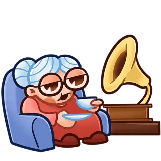 🎶 e72a6bdc anciana, abuela, gramófono, té, dibujos animados, relajante, música telegram sticker