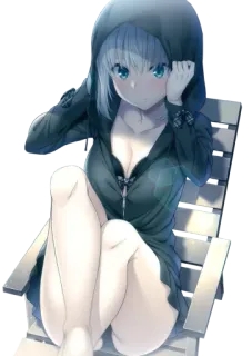 🤭 cd5708a4 动漫, 女孩, 连帽衫, 坐着, 椅子 telegram sticker