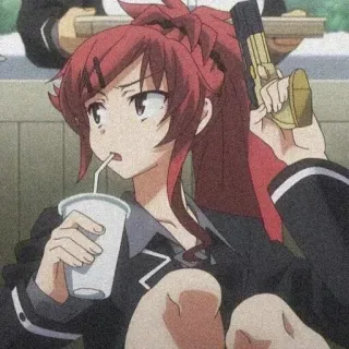 😆 9c2bb51f anime, girl, red hair, gun, drink, cartoon whatsapp sticker