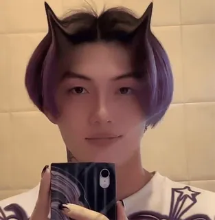 😉 05e5fc21 Selfie, Pria, Potret, Tanduk, Tanduk setan, Rambut ungu telegram sticker