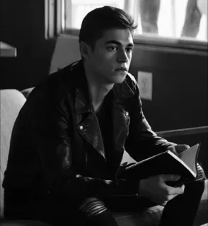 🖤 91fe411b Mann, Lederjacke, Buch, Schwarzweiß, Porträt, Sitzend, Innen whatsapp sticker