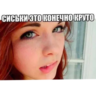 💇 9128c875 СИСЬКИ ЭТО КОНЕЧНО КРУТО meme, woman, redhead, funny, text telegram sticker