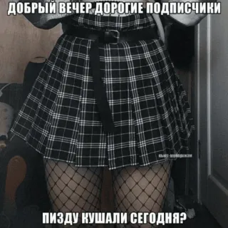 🍽 f62b2a18 ДОБРЫЙ ВЕЧЕР ДОРОГИЕ ПОДПИСЧИКИ
ПИЗДУ КУШАЛИ СЕГОДНЯ? skirt, fishnets, plaid, belt, dark aesthetic, vulgar telegram sticker