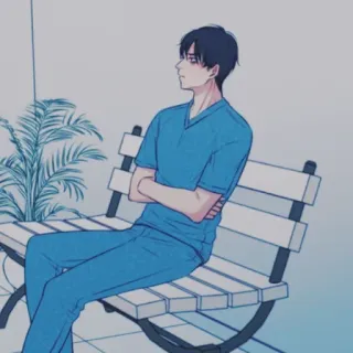 ✖ 4338614f Аниме, Мужчина, Сидит, Скамейка, Синий, Расслабленный, Задумчивый telegram sticker