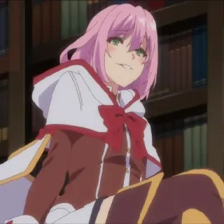 😏 818e8781 anime, personagem, cabelo rosa, capa com capuz, sorriso, arrogante telegram sticker